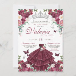 Burgundy Red & Silver Butterfly Floral Quinceañera Einladung