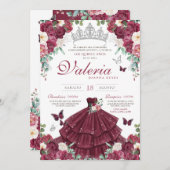 Burgundy Red & Silver Butterfly Floral Quinceañera Einladung (Vorne/Hinten)