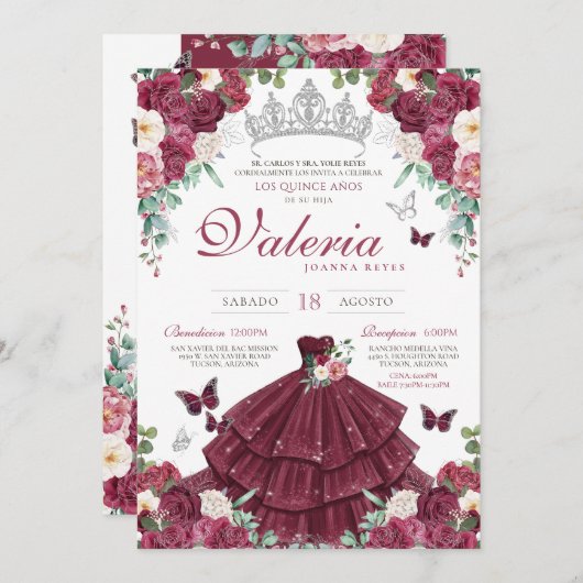 Burgundy Red & Silver Butterfly Floral Quinceañera Einladung (Vorne/Hinten)