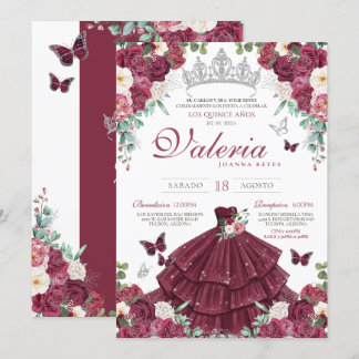 Burgundy Red & Silver Butterfly Floral Quinceañera Einladung