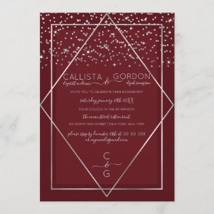Burgundy Red Silver Confetti Border Verlobung Einladung