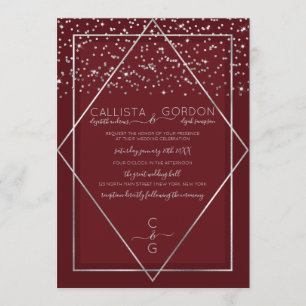 Burgundy Red Silver Confetti Geo Border Wedding Einladung