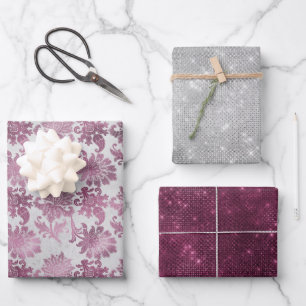 Burgundy Red Silver Floral Sparkle Brautparty Geschenkpapier Set