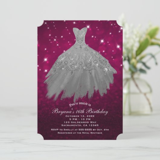 Burgundy Red & Silver Sparkle Dress Sweet 16 Party Einladung (Stehend Vorderseite)