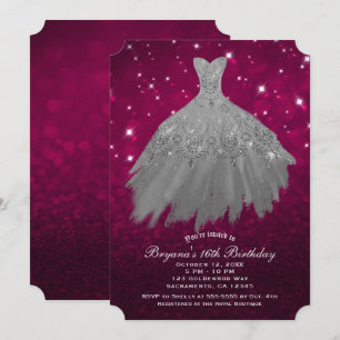 Burgundy Red & Silver Sparkle Dress Sweet 16 Party Einladung