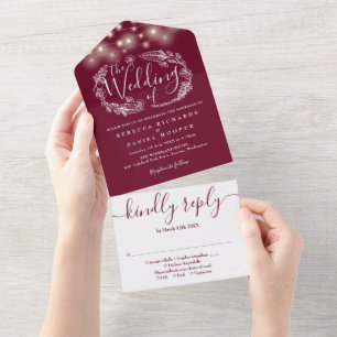 Burgundy Red String Lights Floral Wedding All In One Einladung