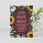 Burgundy Red Sunflower Greenerity Wreath Wedding Einladung (Stehend Vorderseite)