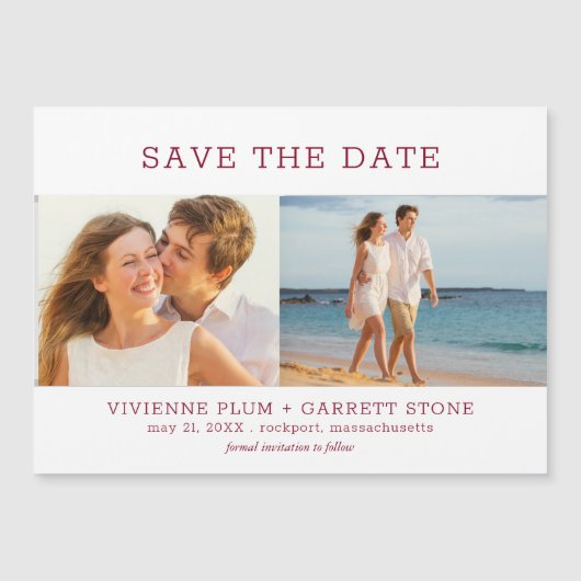 Burgundy Red Text 2 Foto Wedding Save the Date Magneteinladung (Vorderseite)