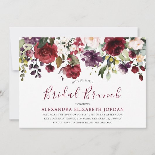 Burgundy Red Watercolor Brautparty Brunch Einladung (Vorderseite)