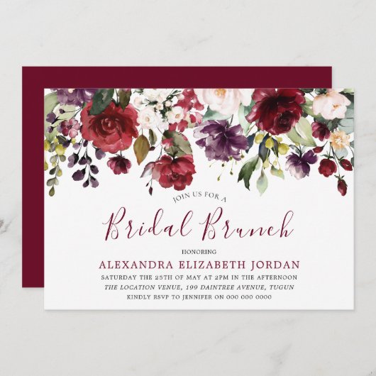 Burgundy Red Watercolor Brautparty Brunch Einladung (Vorne/Hinten)