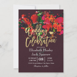 Burgundy Red Watercolor Floral Gold Script Hochzei Einladung
