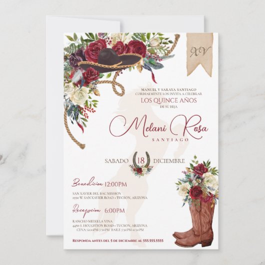 Burgundy Red Western Charro Spanish Quinceanera Einladung (Vorderseite)