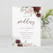 Burgundy Red & White Blume Elegante Hochzeit Einladung (Stehend Vorderseite)