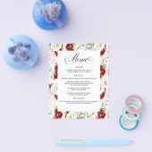 Burgundy Red White Floral Elegant Wedding Menu Flyer (Einzeln)