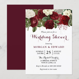 Burgundy Red White Floral Wedding Couples Dusche Einladung