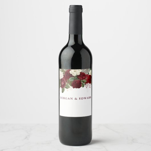 Burgundy Red White Floral Wedding Verlobung Weinetikett (Vorderseite)