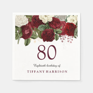 Burgundy Red White Rose 80. Geburtstagsparty Serviette