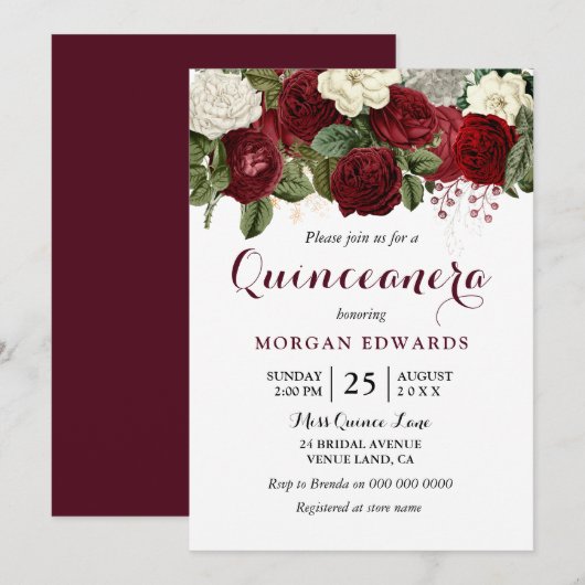 Burgundy Red White Roses Quinceanera Einladung (Vorne/Hinten)