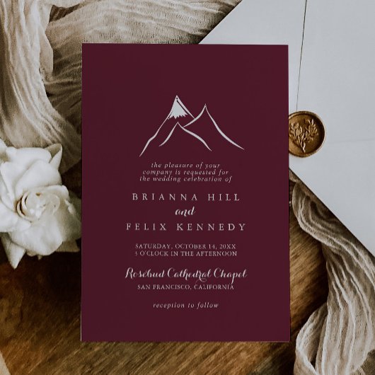 Burgundy Red White Silhouette Mountain Wedding Einladung