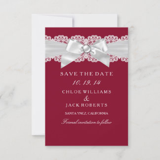 Burgundy Red White Wedding Pearl Bow Save the Date