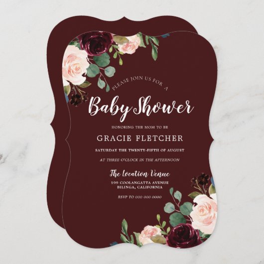 Burgundy Red Wine Blush Blume Babydusche Einladung (Vorne/Hinten)