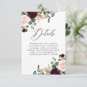 Burgundy Red Wine Blush Wedding Details Empfang Begleitkarte (Stehend Vorderseite)