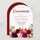 Burgundy Red Wine Boho Floral Quinceanera Einladung (Vorne/Hinten)