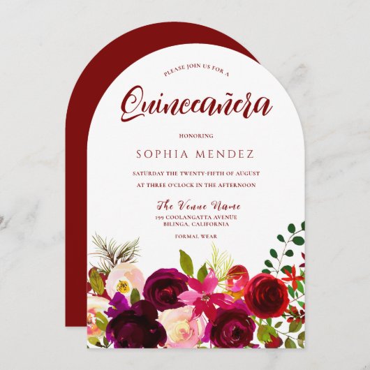Burgundy Red Wine Boho Floral Quinceanera Einladung (Vorne/Hinten)