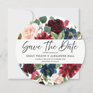 Burgundy Red Wine Floral Script Foto Wedding Save The Date