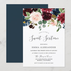 Burgundy Red Wine Floral Sweet 16 Einladung