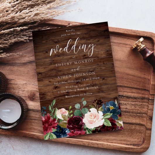 Burgundy Red Wine Rustic Wood Wedding Einladung