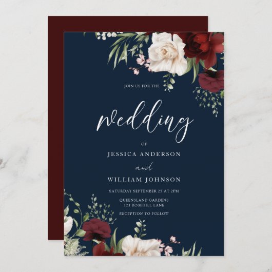 Burgundy Red Wine White Floral Navy Hochzeit Einladung (Vorne/Hinten)