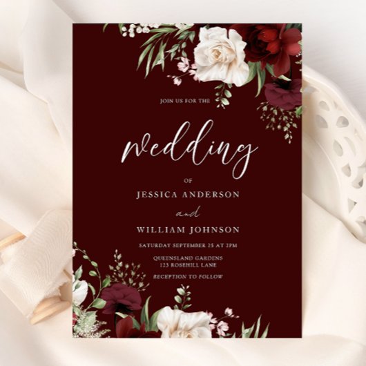 Burgundy Red Wine White Floral Wedding Einladung