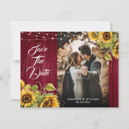 Burgundy Red Wood Sunflower Wedding Foto Save The Date (Vorderseite)