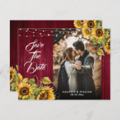 Burgundy Red Wood Sunflower Wedding Foto Save The Date (Vorne/Hinten)