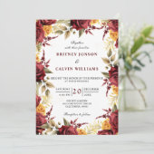 Burgundy Red Yellow Roses Floral Elegante Hochzeit Einladung (Stehend Vorderseite)