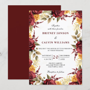 Burgundy Red Yellow Roses Floral Elegante Hochzeit Einladung