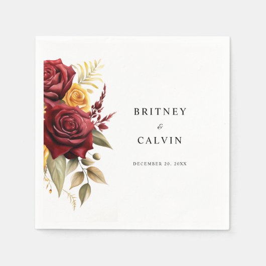 Burgundy Red Yellow Roses Floral Elegante Hochzeit Serviette (Vorderseite)