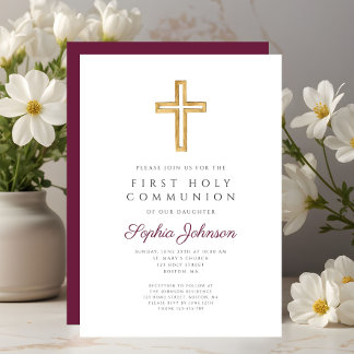 Burgundy Religious Cross Girl First Holy Communion Einladung