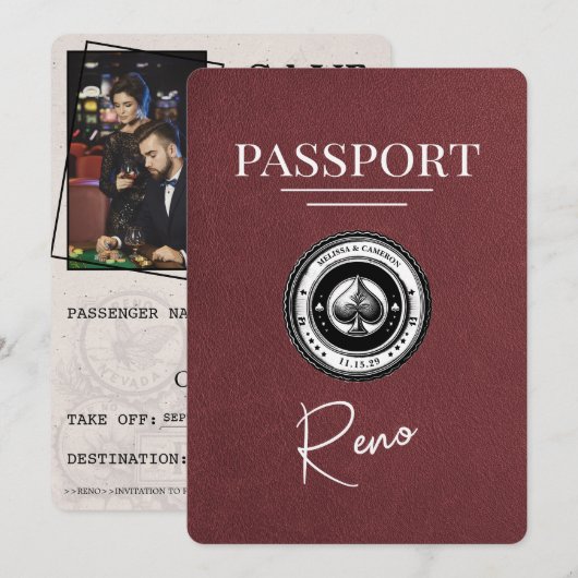 Burgundy Reno Passport Save the Date (Vorne/Hinten)