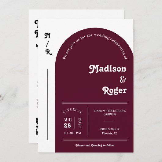 Burgundy Retro Arch Foto QR Code UAWG Groovy Einladung (Vorne/Hinten)