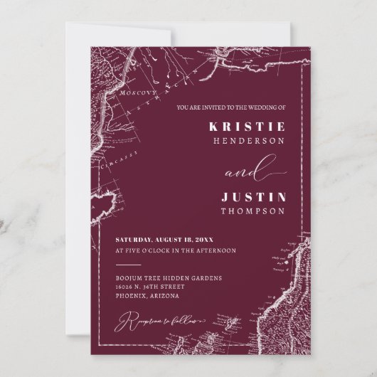 Burgundy Retro Travel QR Code Foto Wedding Einladung (Vorderseite)