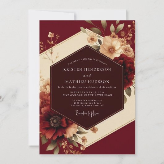 Burgundy Romantic Flora Wedding Einladung (Vorderseite)