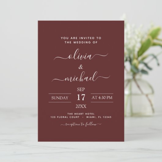 Burgundy Romantic Wedding Modern Typografy Einladung (Stehend Vorderseite)