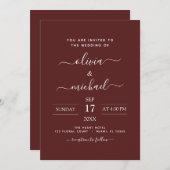Burgundy Romantic Wedding Modern Typografy Einladung (Vorne/Hinten)