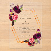Burgundy rosa Blumen Gold geometrische boho Hochze Acryleinladungen (Vorderseite)