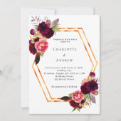 Burgundy rosa Blumen Gold geometrische boho Hochze Einladung (Vorderseite)