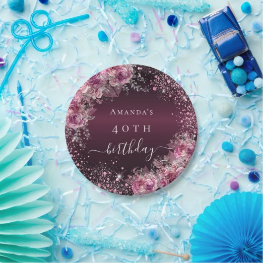 Burgundy rosa Blumenname Eleganter Geburtstag Pappteller (Party)