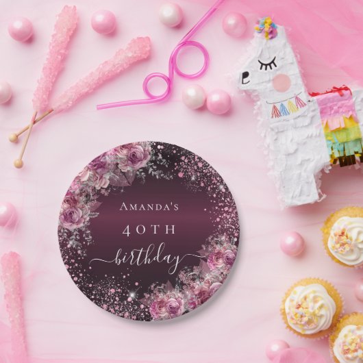 Burgundy rosa Blumenname Eleganter Geburtstag Pappteller (Party)