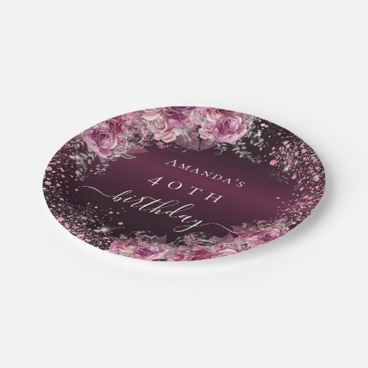 Burgundy rosa Blumenname Eleganter Geburtstag Pappteller (Schrägansicht)